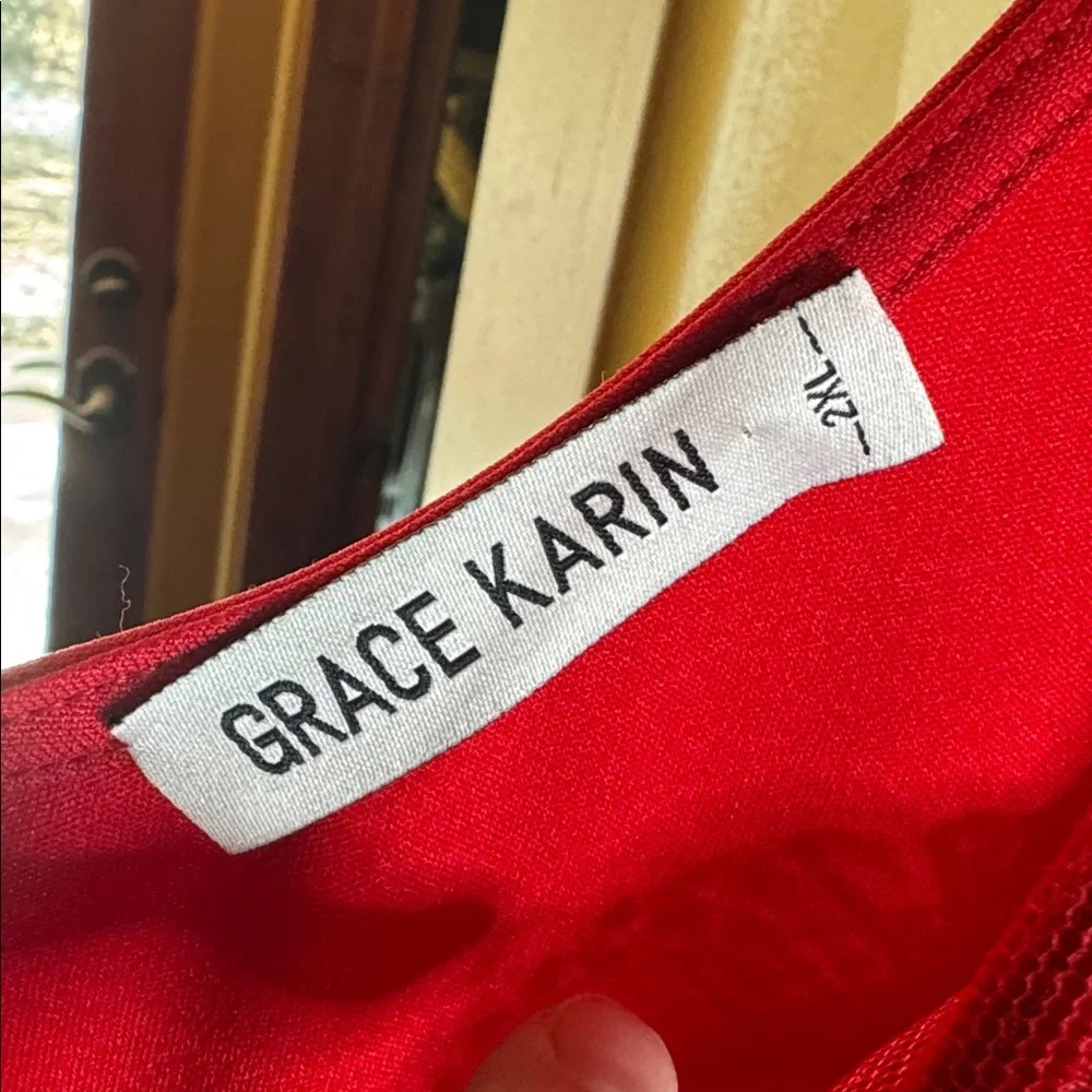 Grace Karin Red Lace Deep V-Neck A-Line Midi Dress Sleeveless Fit & Flare Sz 2XL